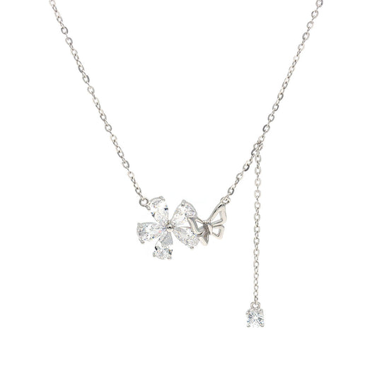 Silver cz diamond flower with butterfly pendant with chain
