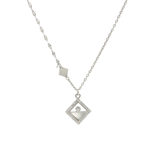 Silver half glitter mother of pearl with diamond detail rhombus pendant with chain