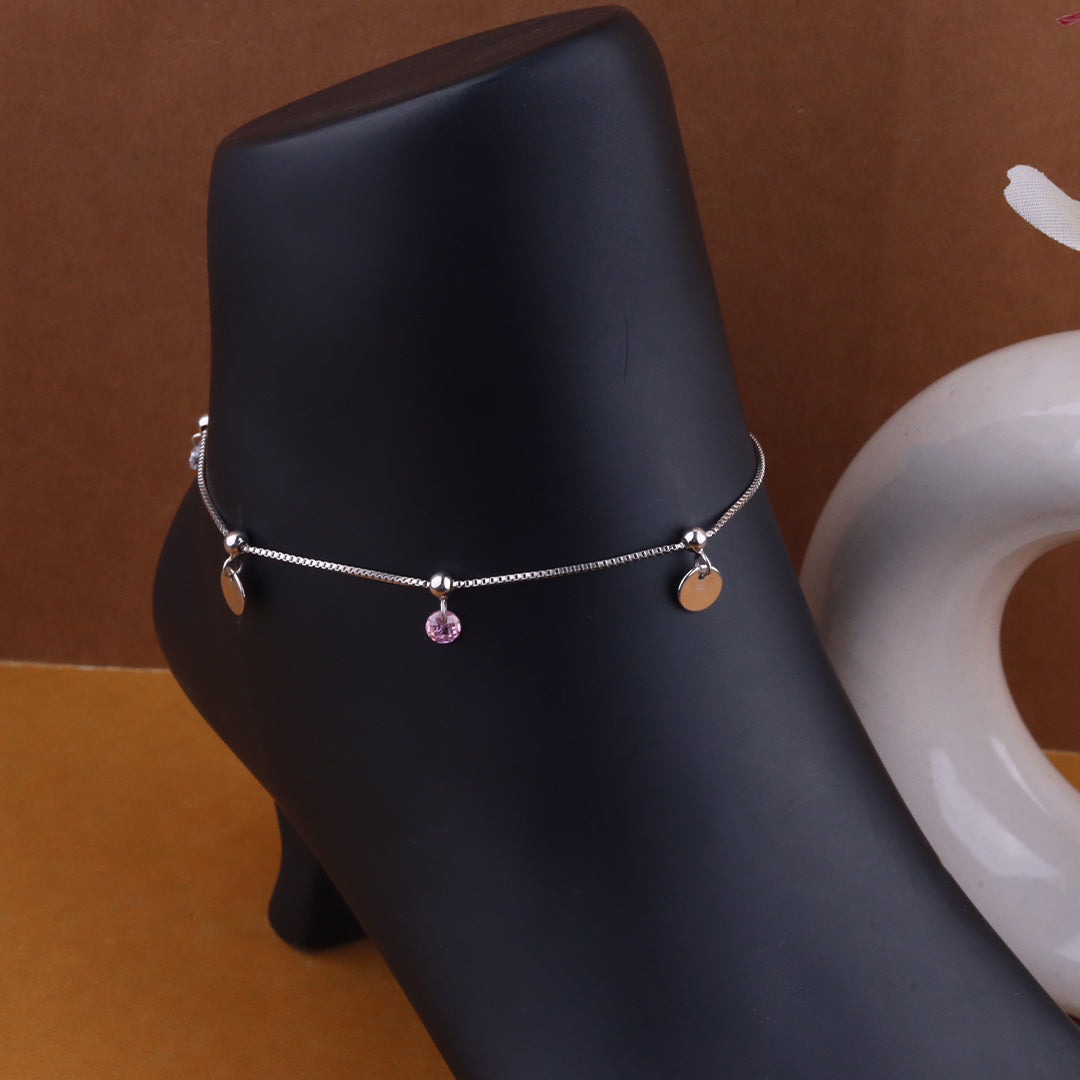 Modern Silver Pink Stone Anklet