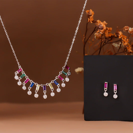 Silver Multicoloured cz baguette necklace - rainbow cz - silver cz drop necklace -  rainbow necklace - charm necklace