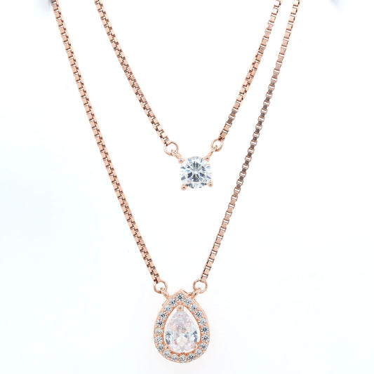 Pear shape solitaire double layer rose gold neackles