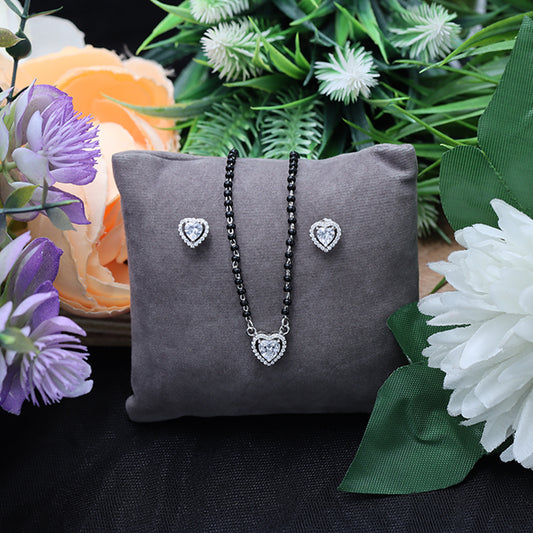 Silver Heart Shape Mangalsutra & Earrings Set