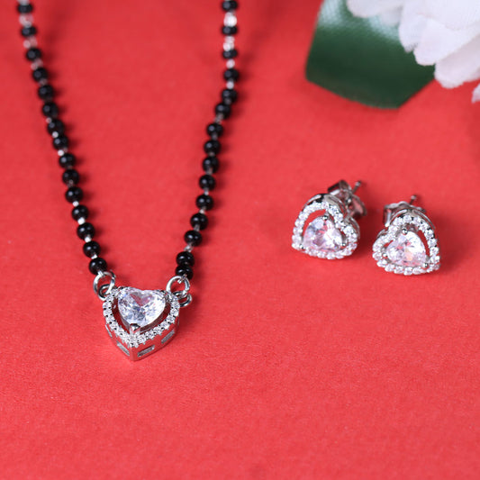 Silver Heart Shape Mangalsutra & Earrings Set