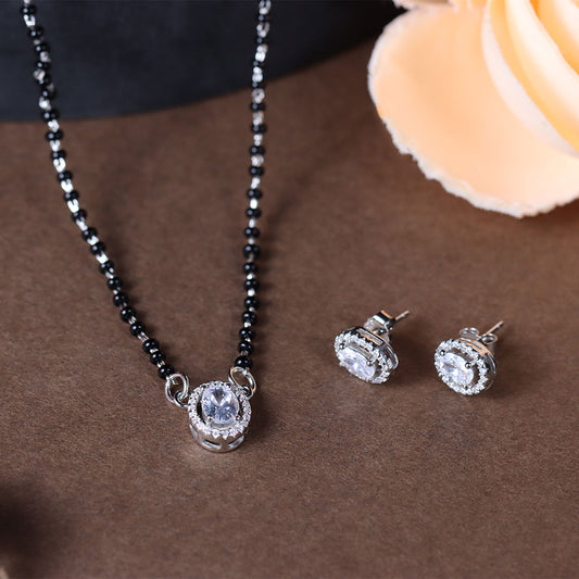 Silver Oval Shape Diamond Mangalsutra & Earrings Set