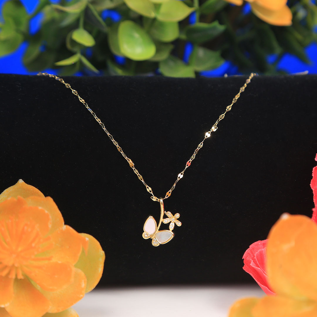 Gold Plated Mother of Pearl Butterfly With Flower Pendant of