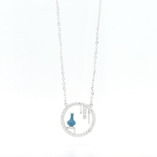 Silver round diamond with blue vase pendant with chain