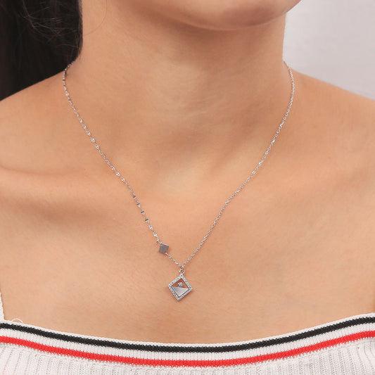 Silver half glitter mother of pearl with diamond detail rhombus pendant with chain