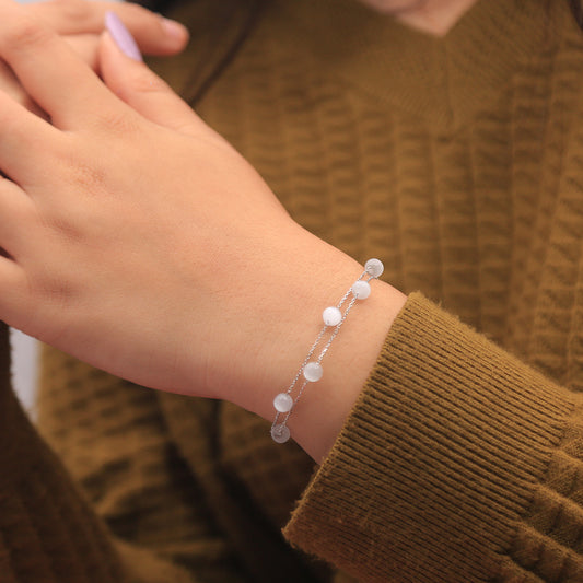 Silver opal stones link double layer bracelet