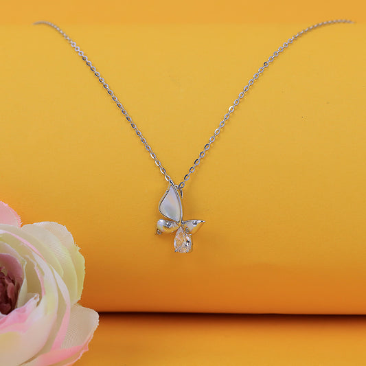 Silver cz diamond with mother of pearl butterfly pendant with chain