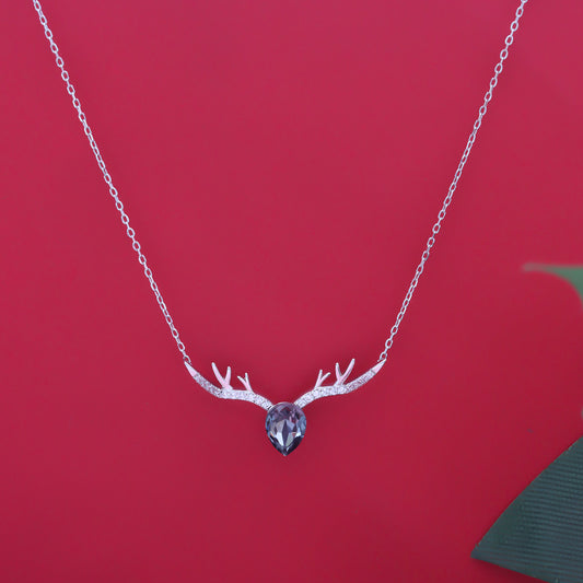 Silver pear shape black with diamond studded deer pendant with chain