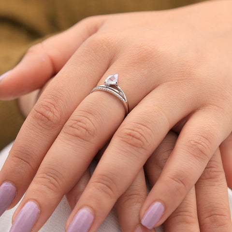 Silver Single Pear And Pave Wrap s Adjustable Ring