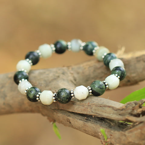 Forest and White Beaded Stretch Bracelet in Sterling Silver