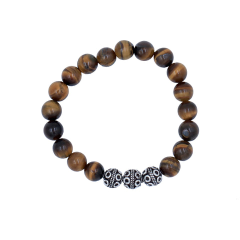 Tiger Eye Stretch Bracelet in Sterling Silver Three Bali Beads