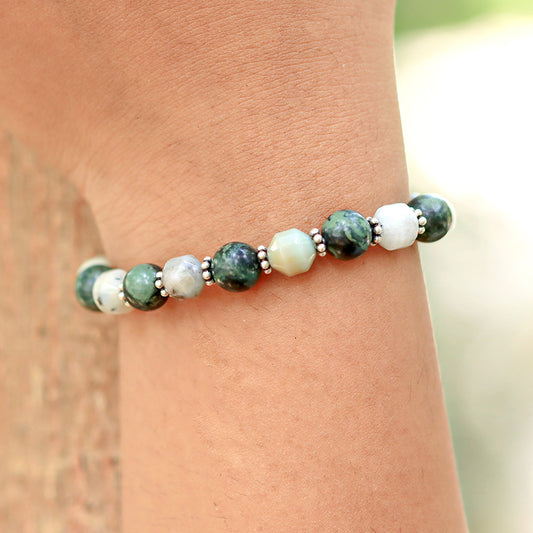 Forest and White Beaded Stretch Bracelet in Sterling Silver