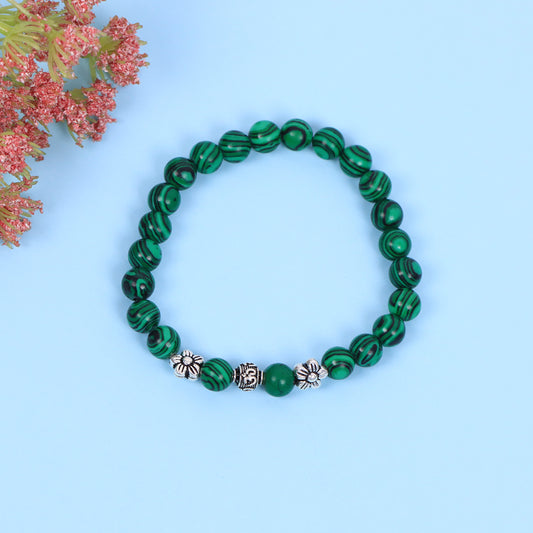 Malachite Green Beaded Stone Stretch Bracelet in Sterling Silver Om With Flowers