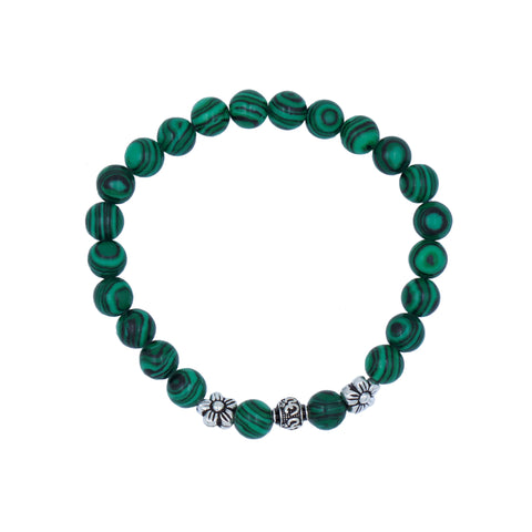 Malachite Green Beaded Stone Stretch Bracelet in Sterling Silver Om With Flowers