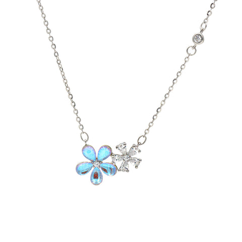 Silver Blue Moonstone Flower With Cz Flower Pendant With Chain