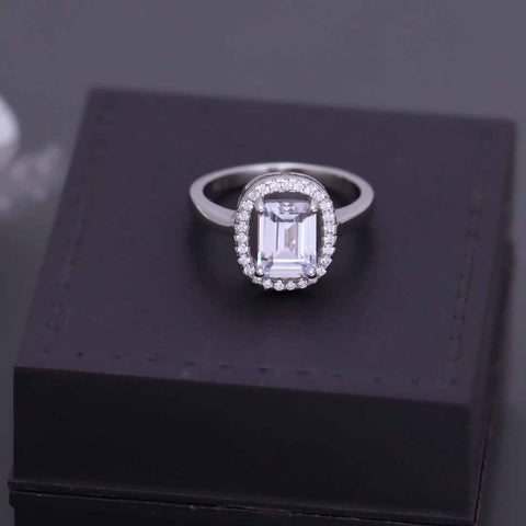 925 Silver Oval Shape Emerald Cut Center Stone Diamond Ring