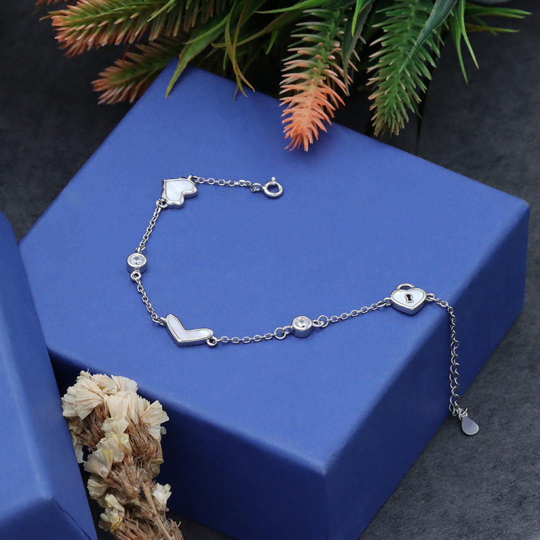 Silver dual heart with lock chain bracelet