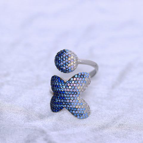 Silver Butterfly Blue Topaz &  Cocktail Adjustable Ring