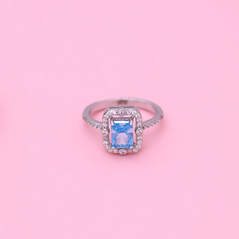 Silver Cushion Cut Blue Sapphire Ring