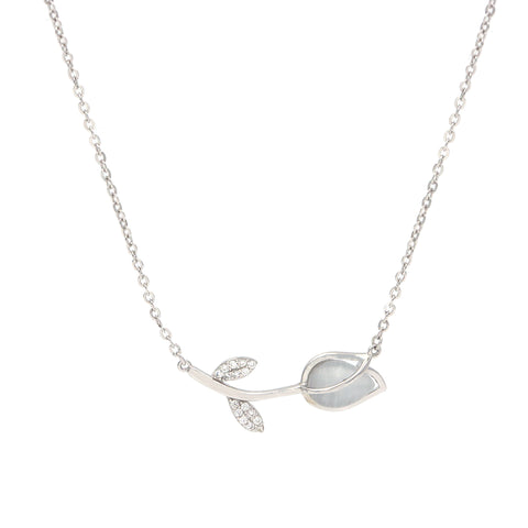 Silver Transparent Tulip Shape Flower With Leaf Pendant With Chain