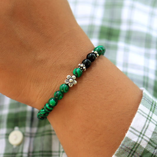 Malachite Green Beaded Stone Stretch Bracelet in Sterling Silver Flower and Bali Beads