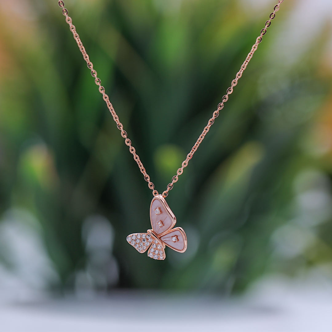 Rose Gold Plated Butter Fly With Mother Of Pearl Necklace