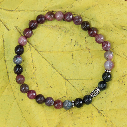 Multi Tourmaline With Black Beads Stretch Bracelet in Sterling Silver Pipe