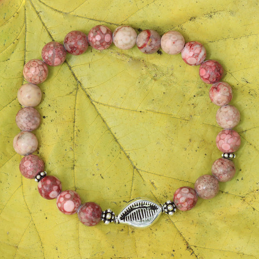 Pink Coral Jade Stone Silver Kodi and Bali Beads Stretch Bracelet