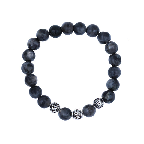 Black Labradorite Beaded Stretch Bracelet in Sterling Silver Om and Swastika Beads