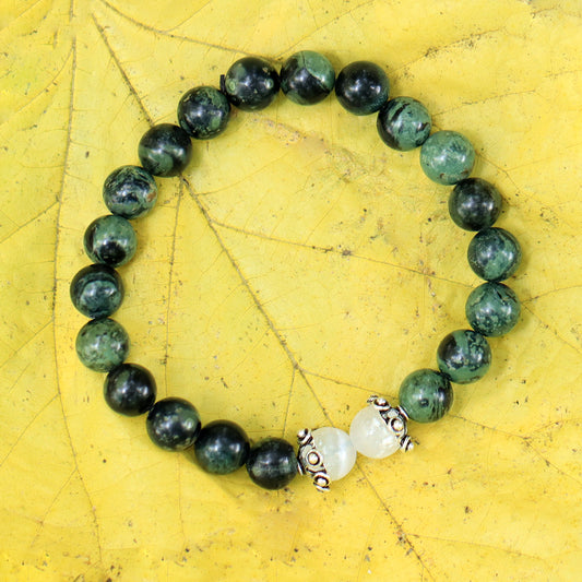 Dark Green Jade Stretch Bracelet in Sterling Silver