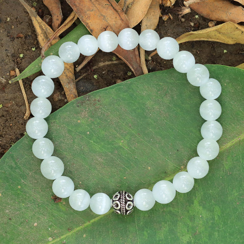 White Opal Stone Stretch Bracelet in Sterling Silver Bali Bead