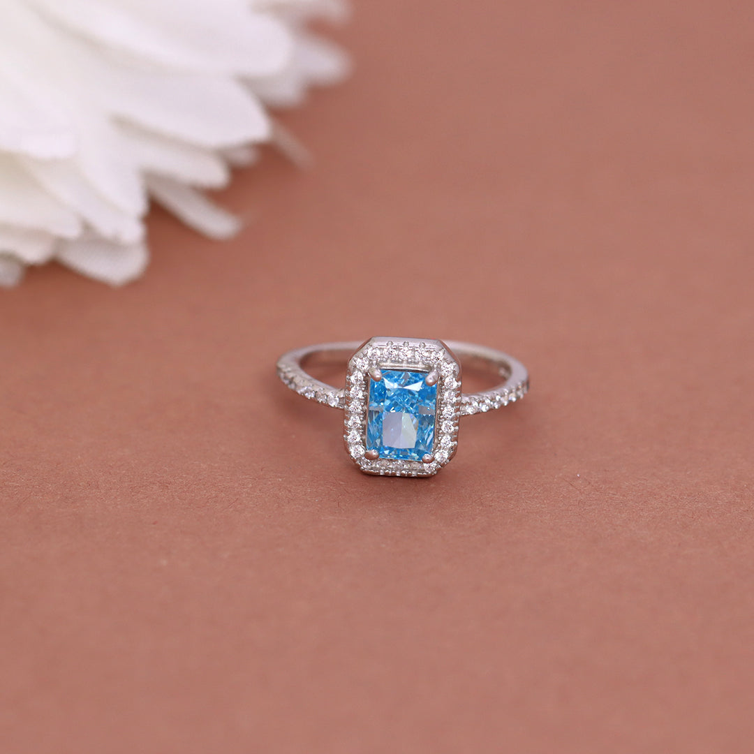 Princess Cut Blue Silver Diamond Ring