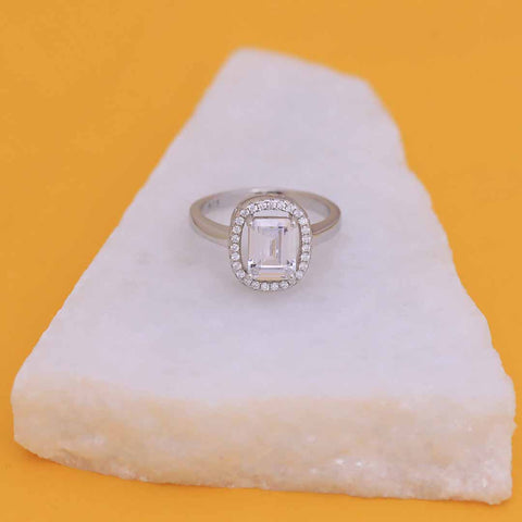 925 Silver Oval Shape Emerald Cut Center Stone Diamond Ring