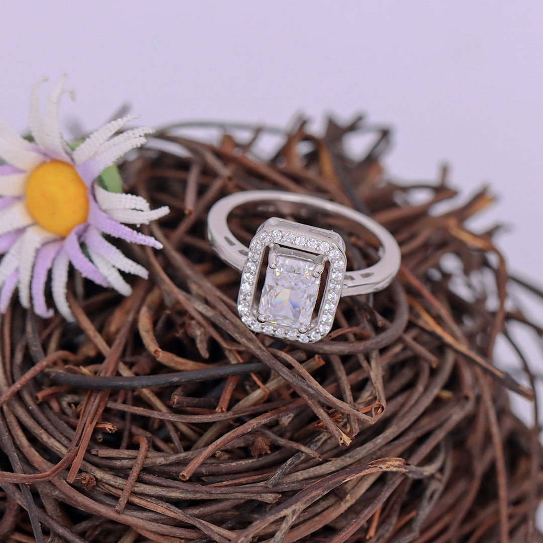 925 Silver Square White Sapphire Ring