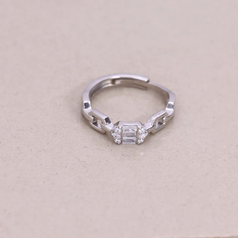 Silver Emerald Cut Diamond Chain Link Adjustable Ring