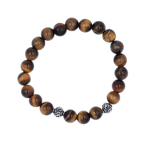Tiger Eye Beads With Silver Stretch Bracelet in Sterling Silver Om Beads