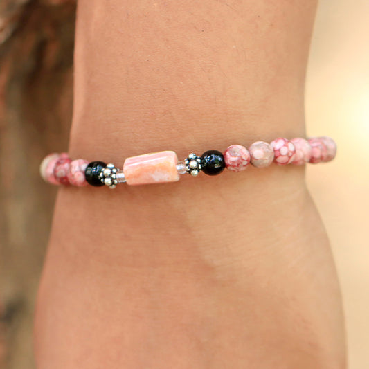 Pink Coral Jade With Howlite Tube Stones Stretch Bracelet in Silver Mini Bali Beads