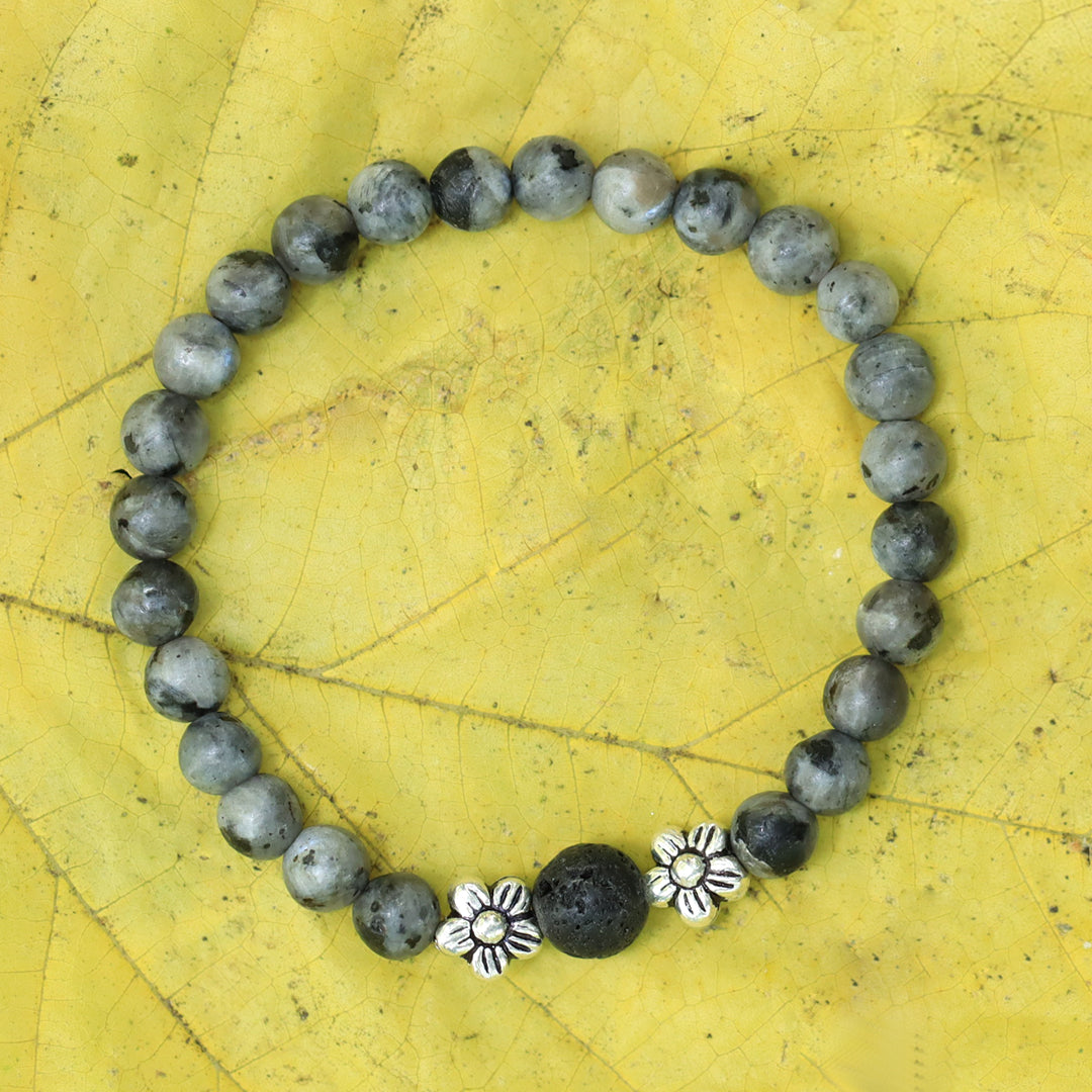 Black Labradorite and Lava Beaded Stretch Bracelet in Sterling Silver Flowers