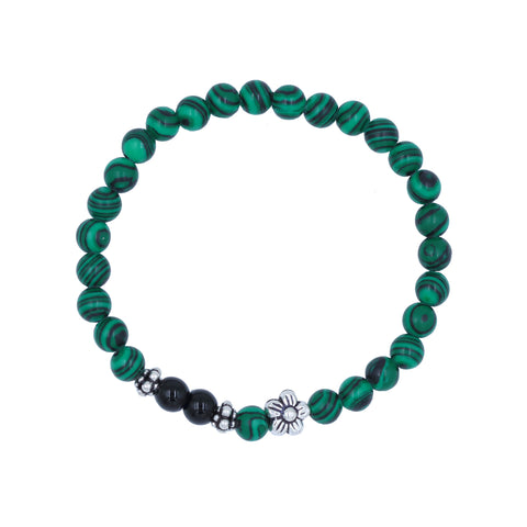 Malachite Green Beaded Stone Stretch Bracelet in Sterling Silver Flower and Bali Beads