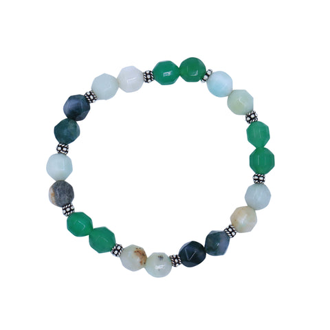 Natural Green Aventurine With Clear White Bracelet Stretch Bracelet in Silver Mini Bali Beads