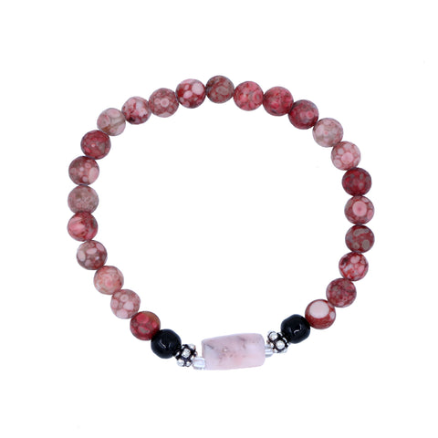 Pink Coral Jade With Howlite Tube Stones Stretch Bracelet in Silver Mini Bali Beads