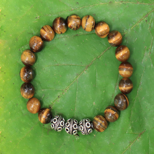 Tiger Eye Stretch Bracelet in Sterling Silver Three Bali Beads