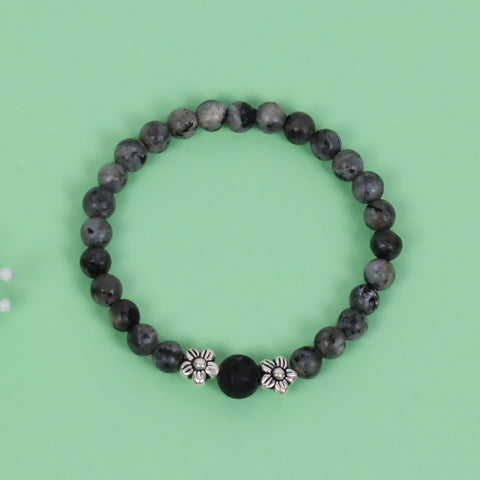 Black Labradorite and Lava Beaded Stretch Bracelet in Sterling Silver Flowers