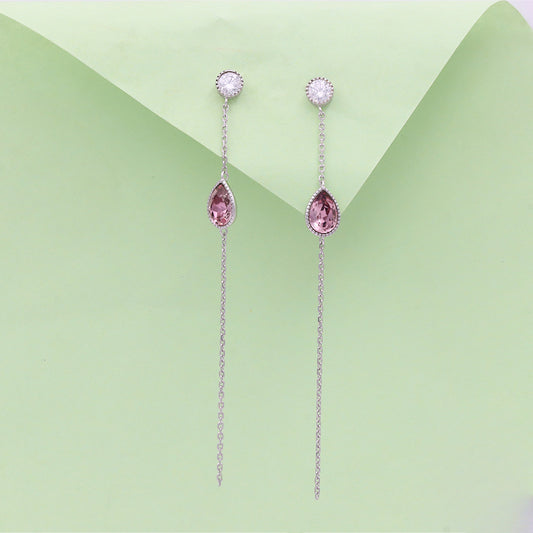 Silver diamond link pink drop hanging earrings