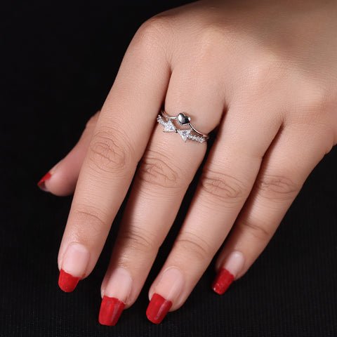 Silver heart with bow diamond ring