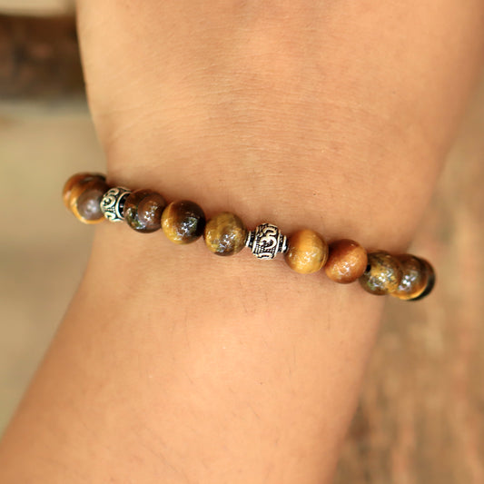 Tiger Eye Beads With Silver Stretch Bracelet in Sterling Silver Om Beads