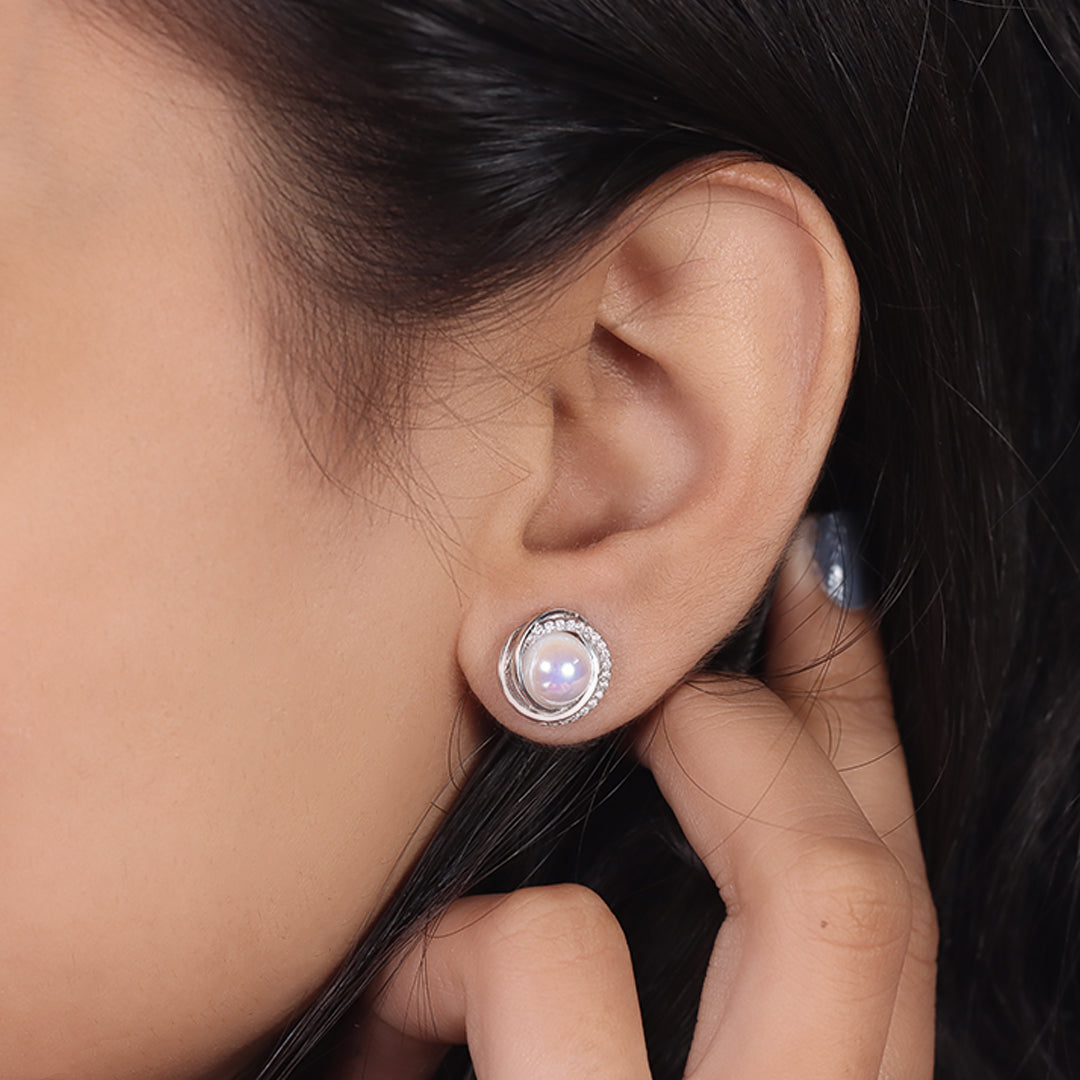 Silver pearl stud diamond earrings