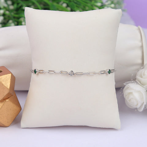 Silver Paperclip Chain Birthstone Green and White Charm Bracelet